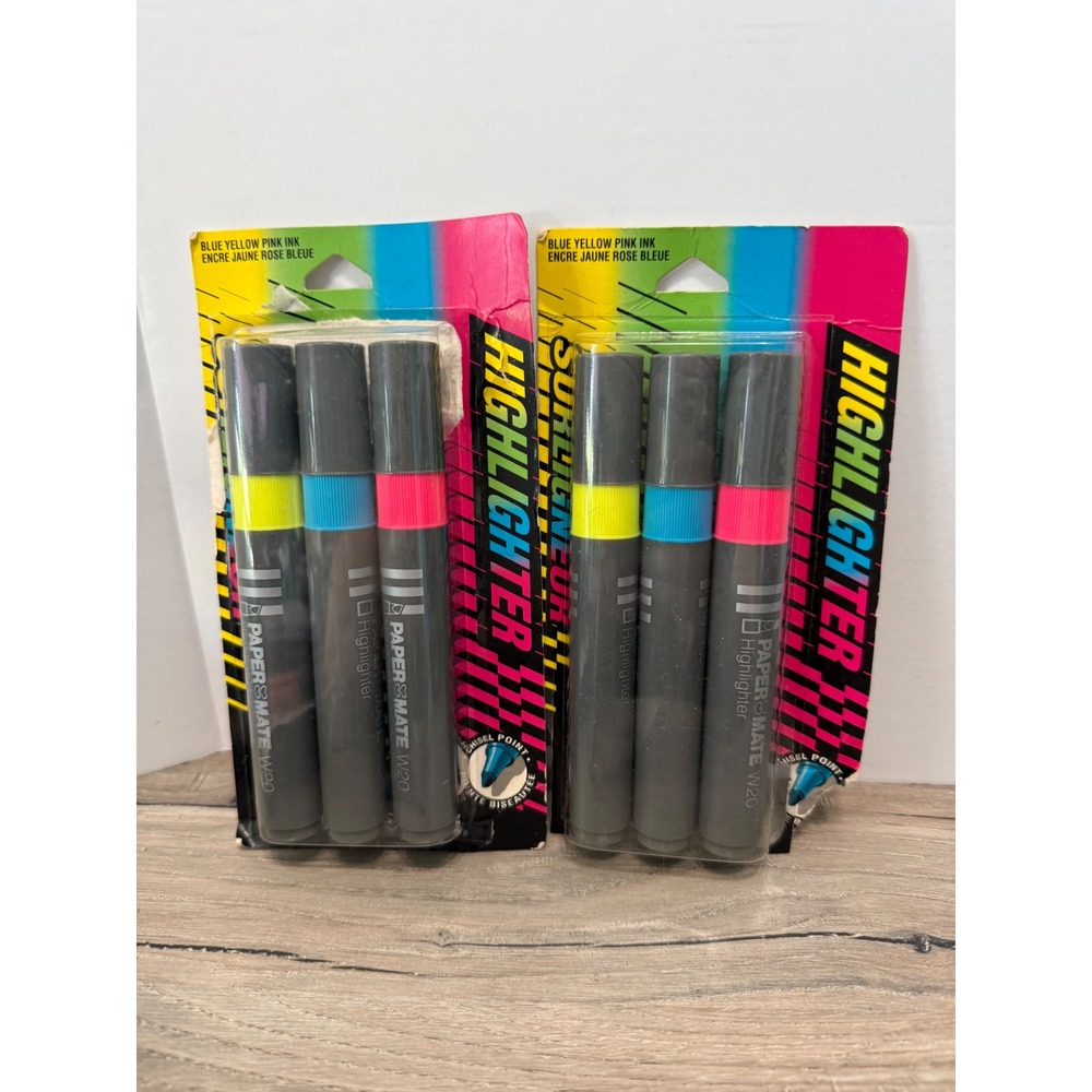 Lot of 2 Packs of Papermate Gillette Highlighters - Pink Yellow Blue 1991‎ NOS